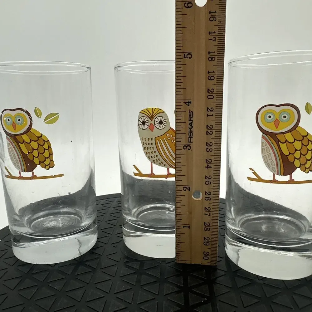 Set Of 3 Vintage Libbey Hoot Owl Small Juice Retro Drinking Glasses